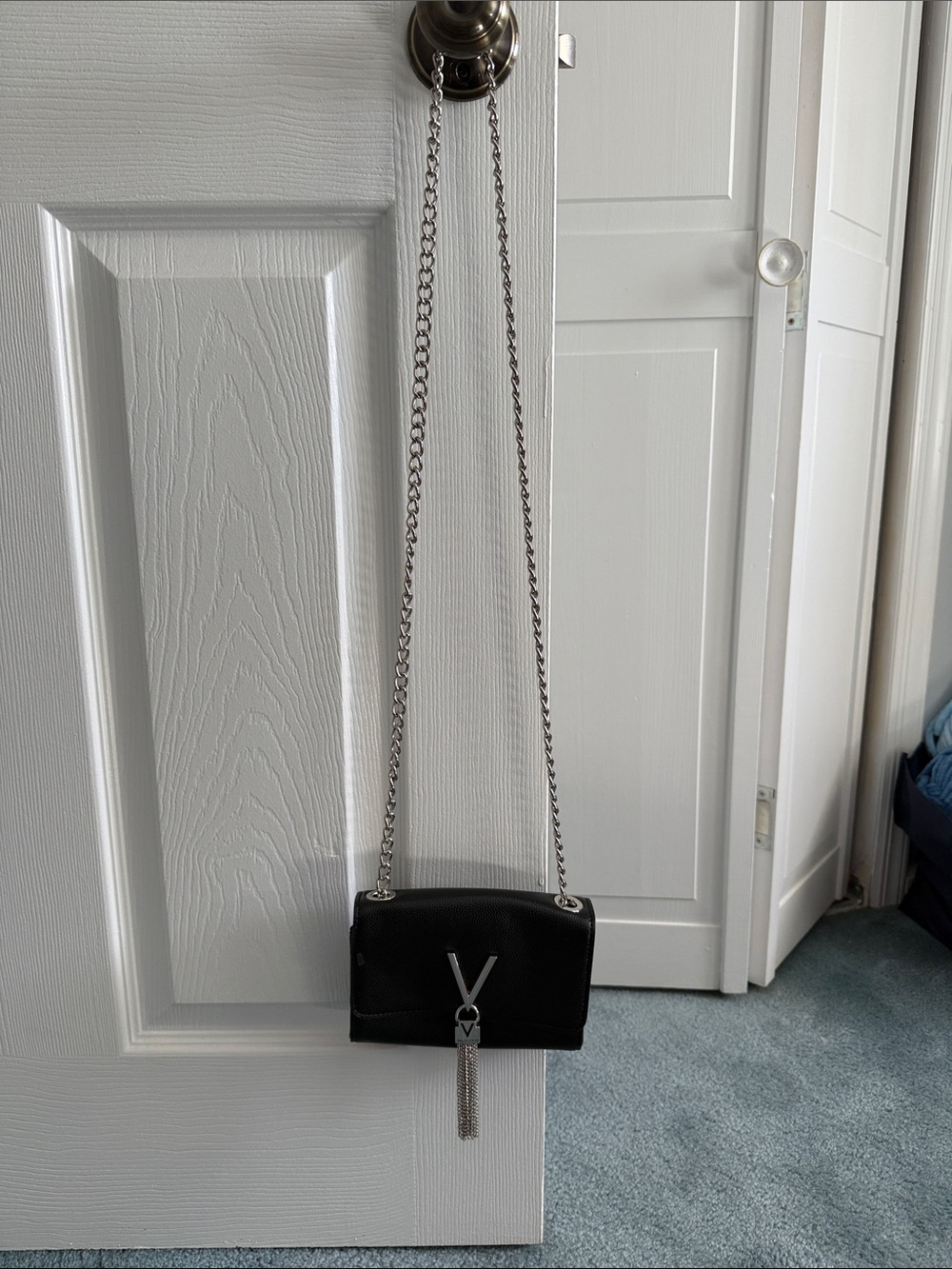 Valentino Black Leather Crossbody with Silver Y-Tassel